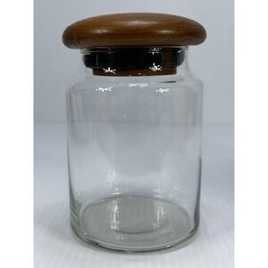Vintage MCM Teak Wood Glass Mushroom Canister Jar Dolphin Label Black Seal 6"
